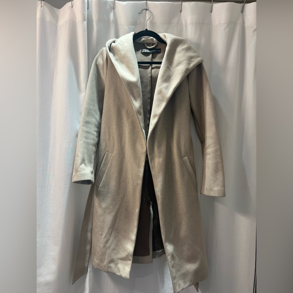Zara Women's Tan Coat with Belt and Shawl Collar/ Hood